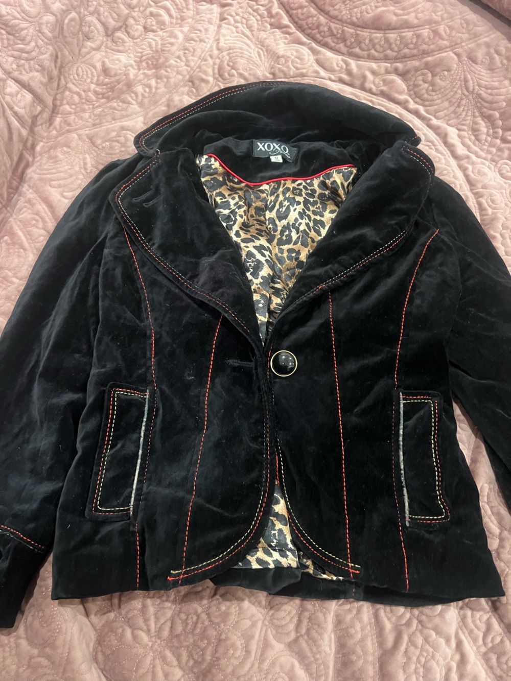 XOXO Black Velvet Blazer with Red Stitching and Leopard Lining